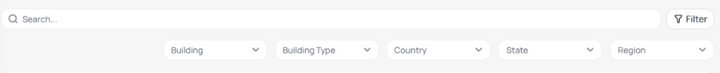 Search field and Filter button with Building, Building Type, Country, State, and Region dropdown filters above the baseline building table
