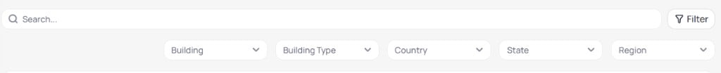 Search field and Filter button with Building, Building Type, Country, State, and Region dropdown filters above the baseline building table