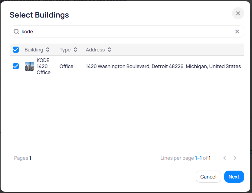 Select Buildings modal with Search field containing kode, a table showing KODE 1420 Office checked as Office type at 1420 Washington Boulevard Detroit, and Cancel and Next buttons