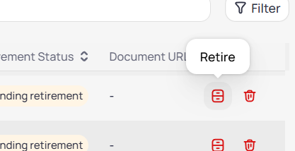 Volume contract table row showing Pending retirement status badge, Retire tooltip on the retire icon, and delete trash icon in the row actions column