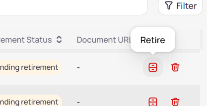 Volume contract table row showing Pending retirement status badge, Retire tooltip on the retire icon, and delete trash icon in the row actions column