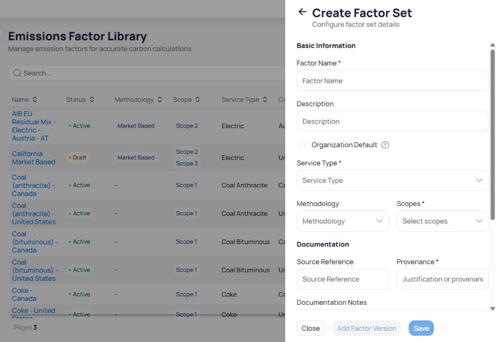 Create Factor Set side panel with Factor Name Description Organization Default checkbox Service Type Methodology and Scopes fields, Documentation section with Source Reference Provenance and Documentation Notes, and Close Add Factor Version and Save buttons