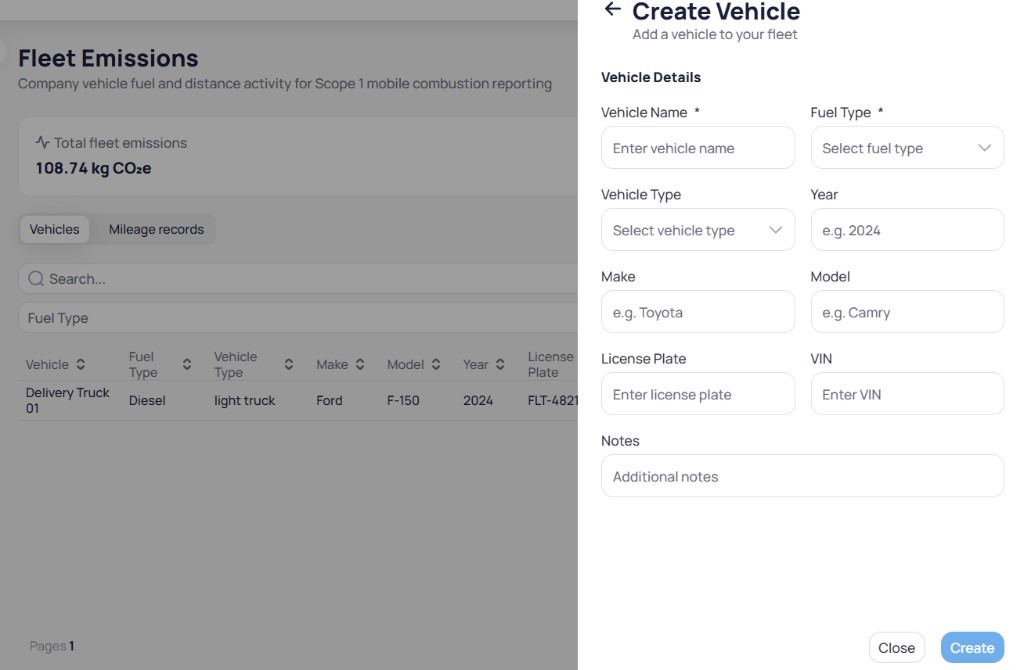 Create Vehicle side panel with Vehicle Name Fuel Type Vehicle Type Year Make Model License Plate VIN and Notes fields, and Close and Create buttons