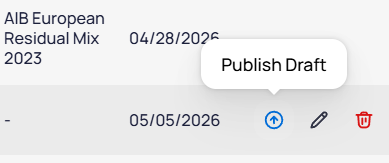 Emission factor table row actions showing Publish Draft tooltip on the publish icon, edit pencil icon, and delete trash icon for a draft factor dated 05/05/2026