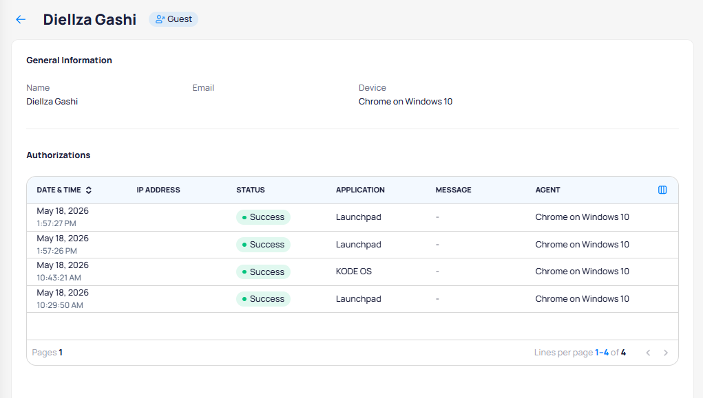 Authentication log detail page for a user showing general information and an authorizations table with date, IP address, status, application, message, and agent columns
