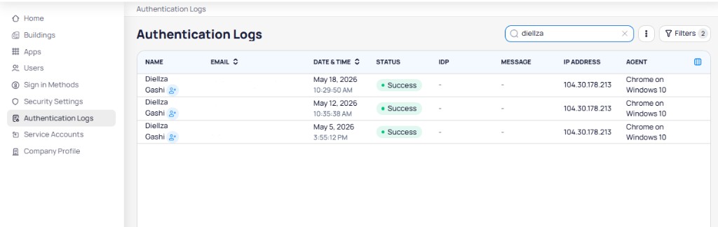 Authentication Logs table showing columns for name, email, date and time, status, IDP, message, IP address, and agent, with search and filter controls