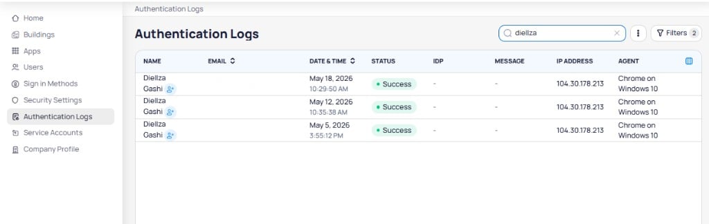Authentication Logs table showing columns for name, email, date and time, status, IDP, message, IP address, and agent, with search and filter controls