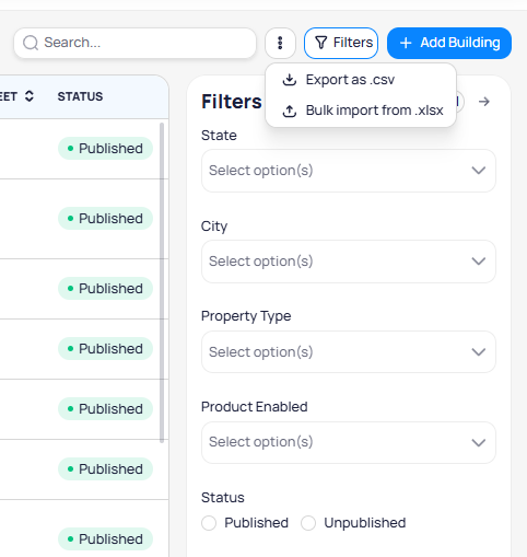 Filters panel with dropdowns for state, city, property type, product enabled, and status, alongside export and bulk import options