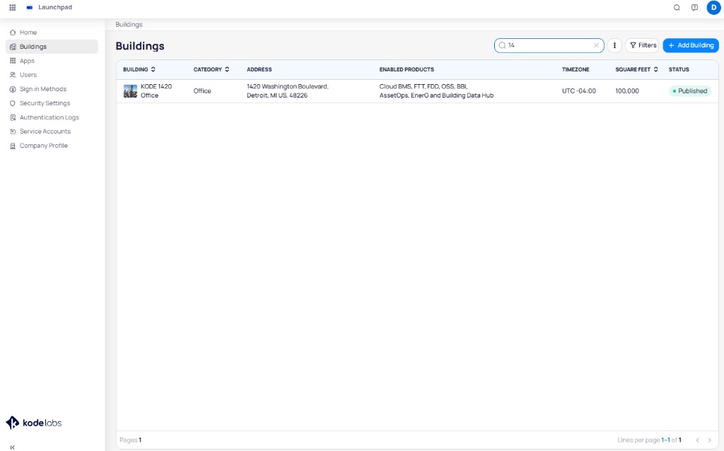Buildings table showing building name, category, address, enabled products, timezone, square feet, and published status with search, filters, and Add Building controls