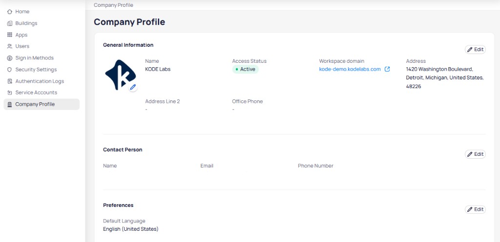 Company Profile page showing general information with name, access status, workspace domain, and address, contact person section with name, email, and phone number, and preferences section with default language