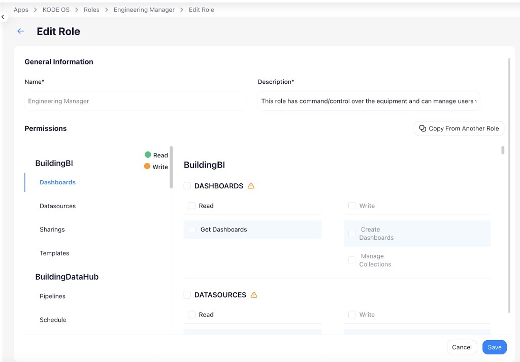 Edit Role page showing name and description fields, a Copy From Another Role button, and a permissions section organized by product groups like BuildingBI and BuildingDataHub with Read and Write checkboxes for each submodule