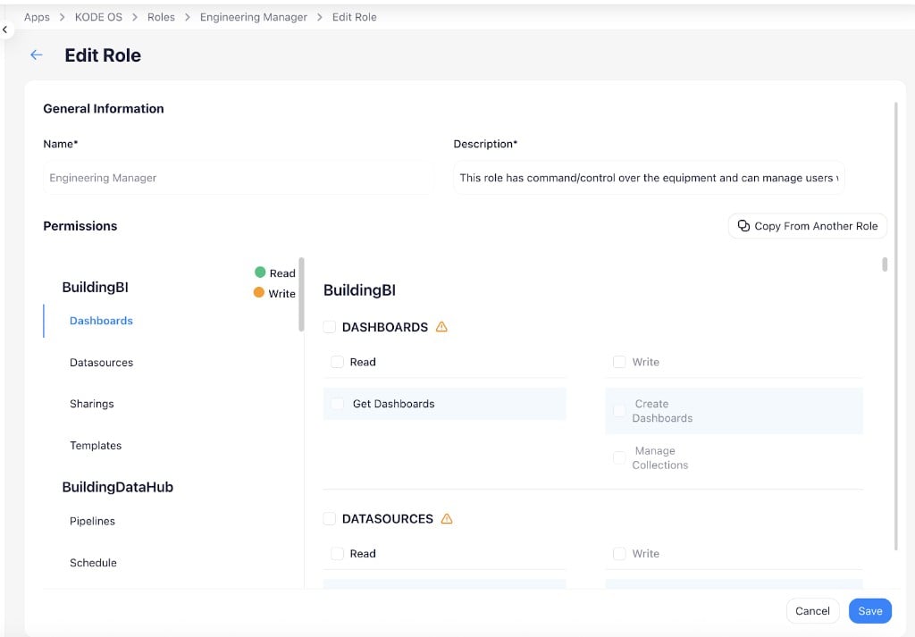 Edit Role page showing name and description fields, a Copy From Another Role button, and a permissions section organized by product groups like BuildingBI and BuildingDataHub with Read and Write checkboxes for each submodule