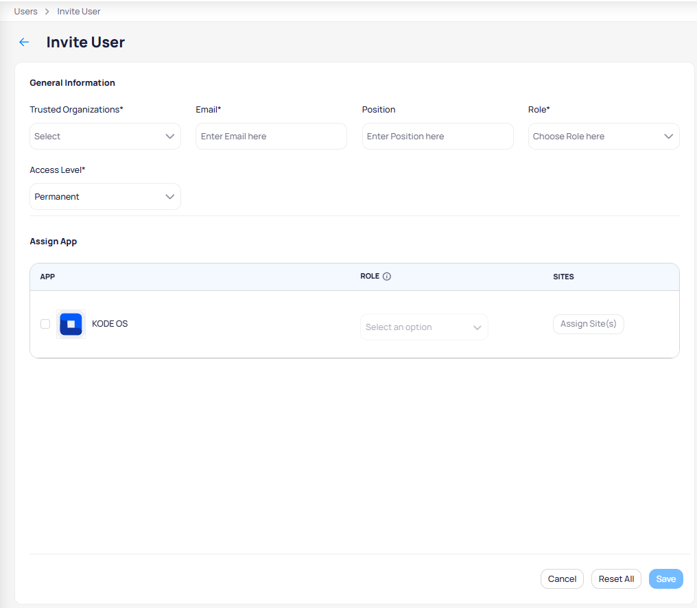 Invite User form with fields for trusted organizations, email, position, role, access level, and KODE OS app assignment with role and site selection