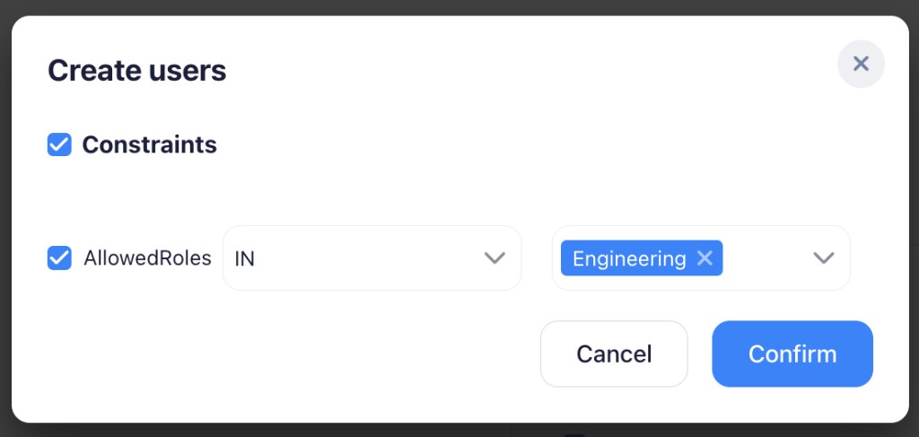 Create users constraints dialog showing AllowedRoles constraint with IN operator and Engineering role selected