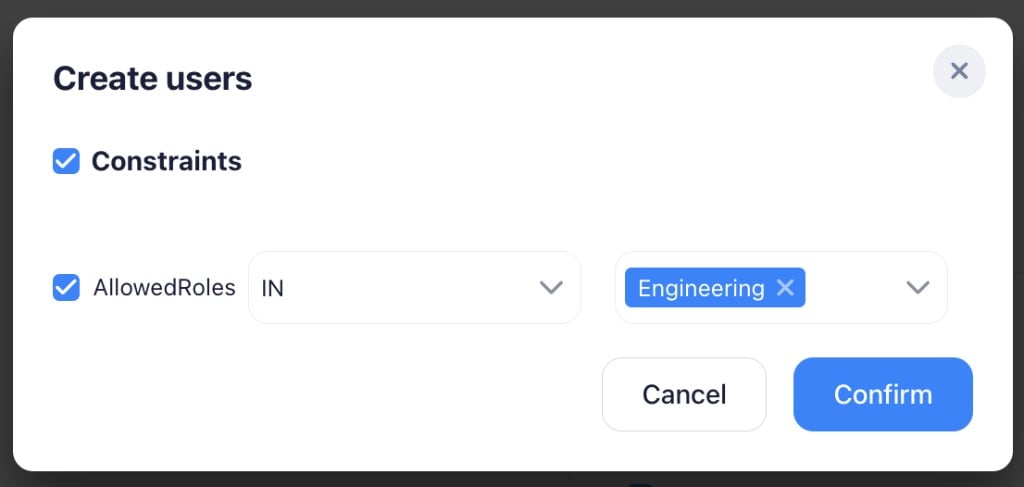 Create users constraints dialog showing AllowedRoles constraint with IN operator and Engineering role selected
