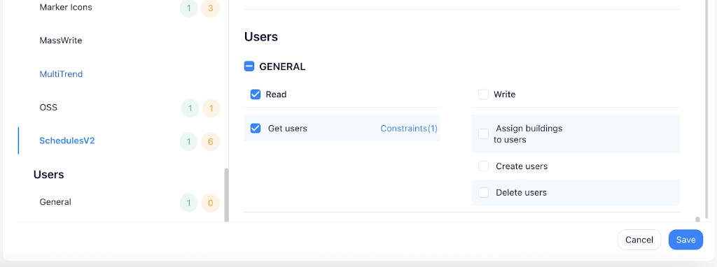 Users General permissions showing Read permission with Get users and Constraints link, and Write permissions with Assign buildings to users, Create users, and Delete users checkboxes