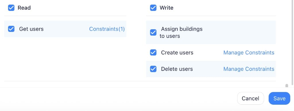Users General section with all Write permissions checked including Assign buildings to users, Create users with Manage Constraints link, and Delete users with Manage Constraints link