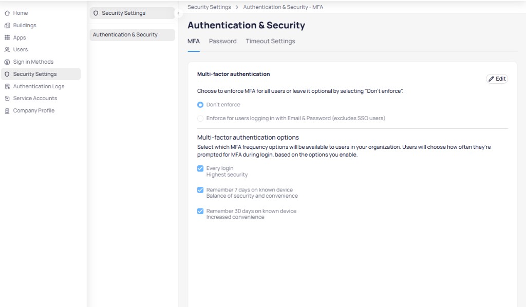 MFA settings showing enforcement options and frequency choices including every login, 7-day remember, and 30-day remember