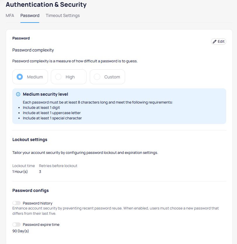 Password settings showing Medium complexity selected with requirements, lockout settings of 1 hour and 3 retries, and password history and expiration toggles