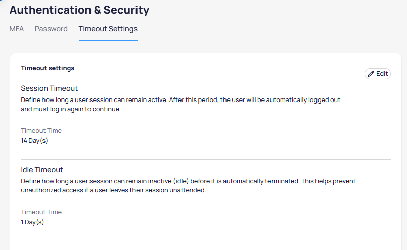Timeout settings showing session timeout of 14 days and idle timeout of 1 day