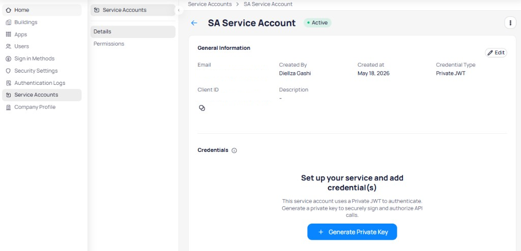 Service account detail page showing general information with email, created by, created at, credential type, client ID, and description, plus a Credentials section with a Generate Private Key button