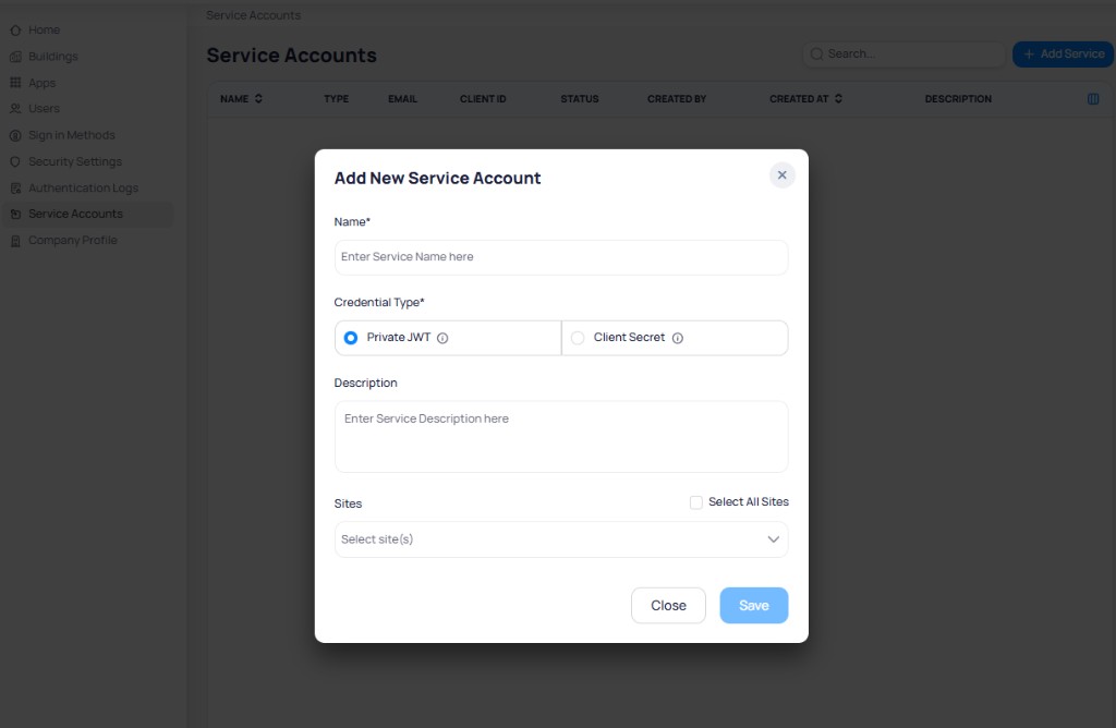 Add New Service Account dialog with fields for name, credential type selection between Private JWT and Client Secret, description, and site selection, displayed over the Service Accounts table