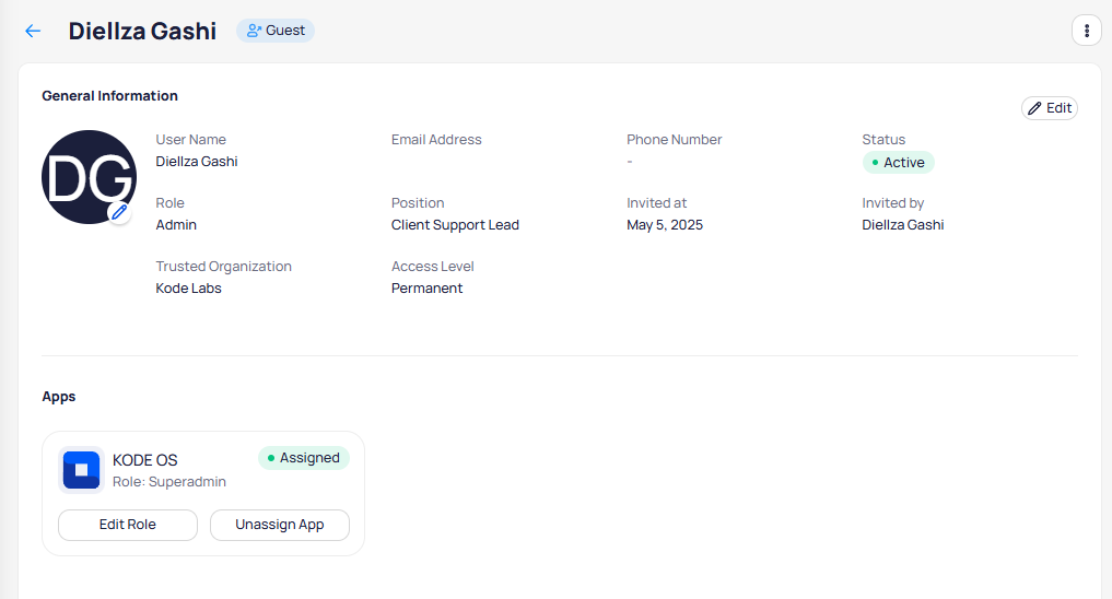 User detail page showing general information with name, email, phone number, status, role, position, invited date, trusted organization, and access level, plus KODE OS app assignment with role and Edit Role and Unassign App buttons