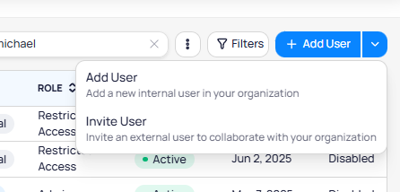 Add User dropdown menu showing Add User option for internal users and Invite User option for external users