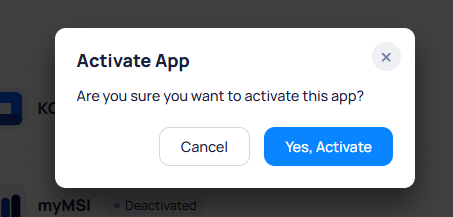 Activate App confirmation dialog with Cancel and Yes, Activate buttons