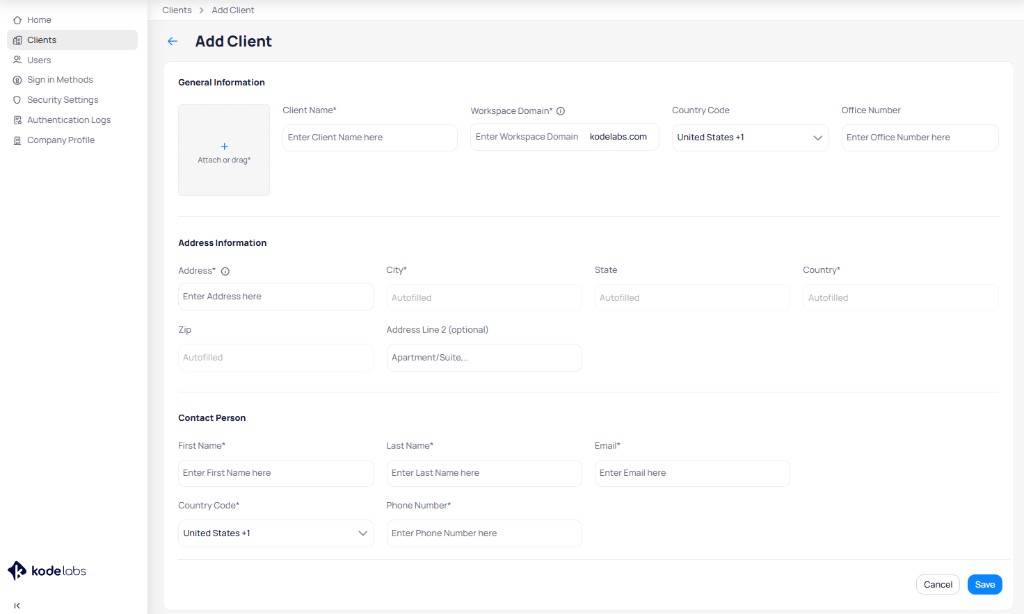 Add Client form with general information fields, address fields, and contact person fields