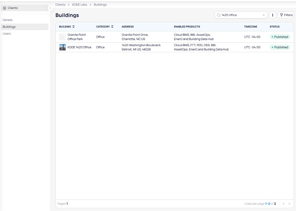 Buildings table showing building name, category, address, enabled products, timezone, and published status