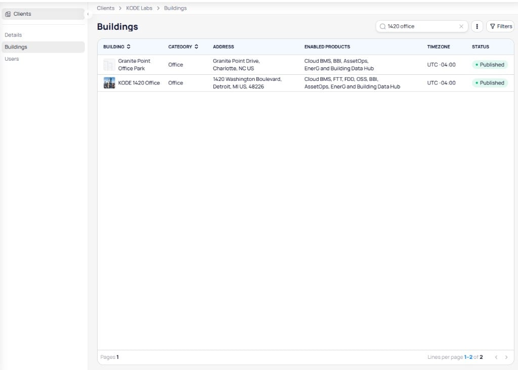 Buildings table showing building name, category, address, enabled products, timezone, and published status
