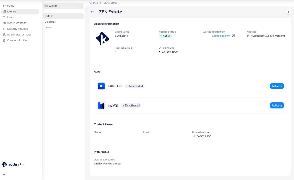 Client details page for ZEN Estate showing general information, KODE OS and myMSI app activation controls, contact person, and preferences