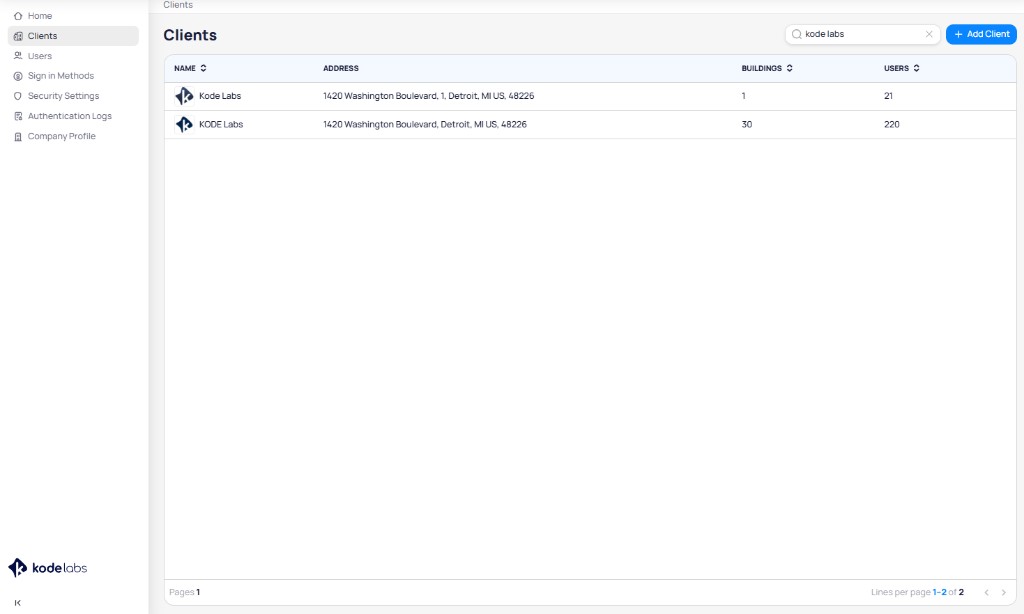 Clients table with columns for name, address, buildings, and users, with a search bar and Add Client button