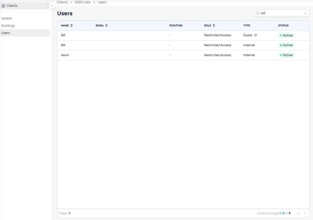 Users table showing name, email, position, role, user type, and active status