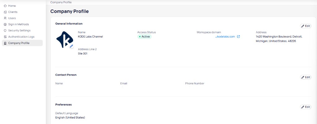 Company Profile page showing general information with name, access status, workspace domain, and address, contact person details, and default language preference