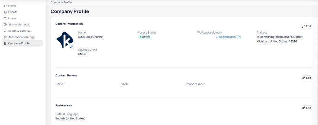 Company Profile page showing general information with name, access status, workspace domain, and address, contact person details, and default language preference