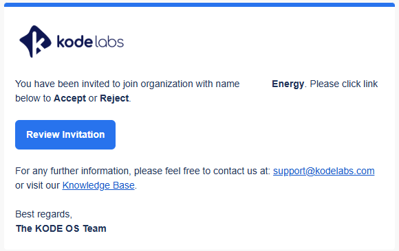 KODE Labs invitation email showing the organization name, a Review Invitation button, and support contact information