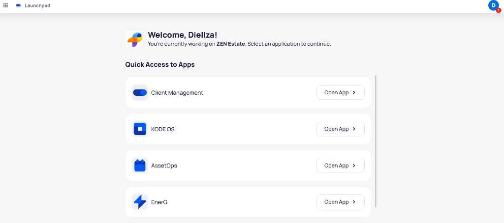 Launchpad landing page showing Welcome message, current organization name, and Quick Access to Apps list with Client Management KODE OS AssetOps and EnerG