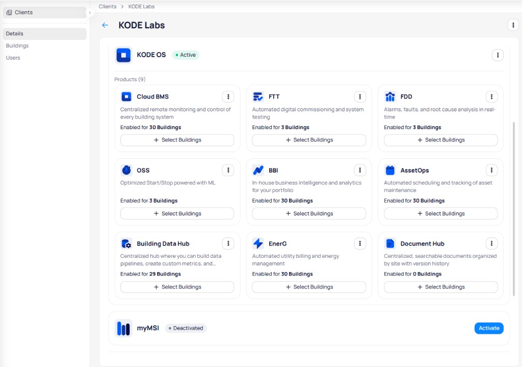 Client details page with KODE OS active showing nine product cards including Cloud BMS, FTT, FDD, OSS, BBI, AssetOps, Building Data Hub, EnerG, and Document Hub