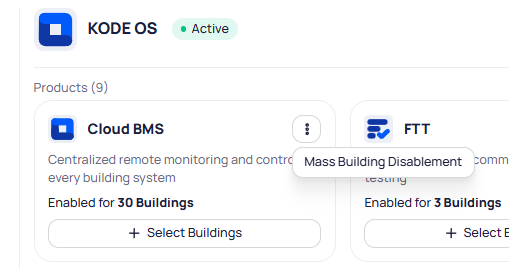 Three-dot menu on a product card showing Mass Building Disablement option