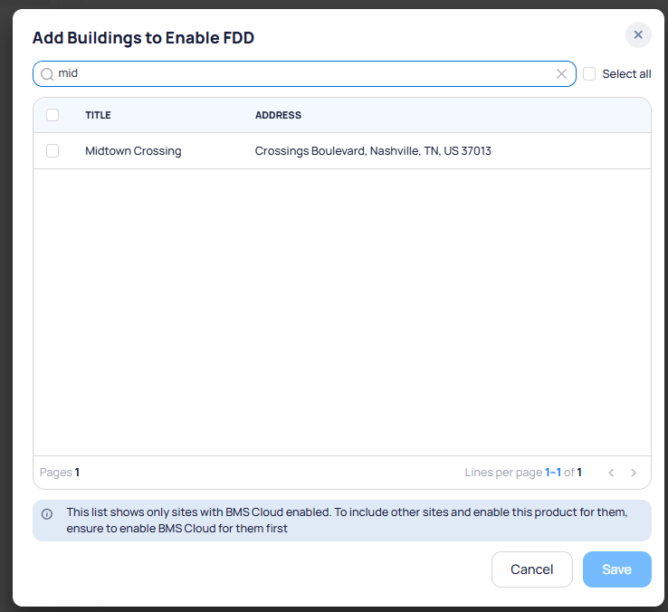 Add Buildings to Enable FDD dialog with search bar, Select all option, and a building list showing title and address