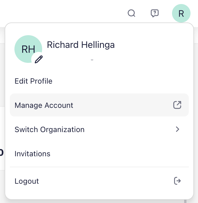 Profile dropdown menu with Manage Account option highlighted