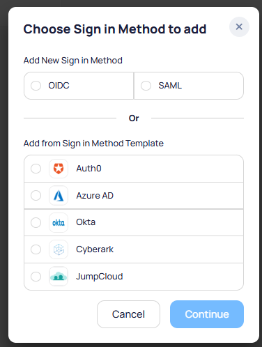 Choose Sign in Method dialog showing OIDC and SAML protocol options and pre-built templates for Auth0, Azure AD, Okta, CyberArk, and JumpCloud