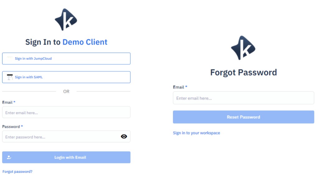 Sign-in page showing SSO options, email and password fields, and Forgot password link, alongside the Forgot Password page with an email field and Reset Password button