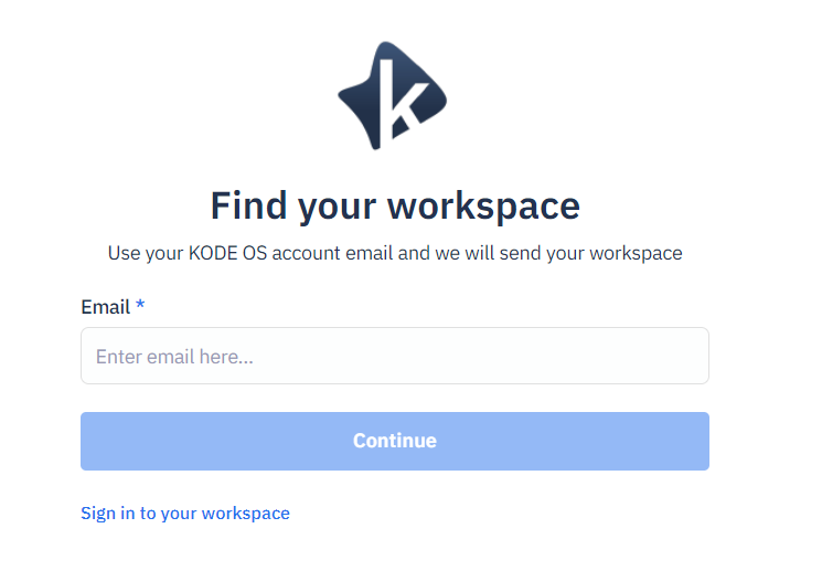 Find your workspace page with an email field and Continue button, plus a link to return to the workspace sign-in page