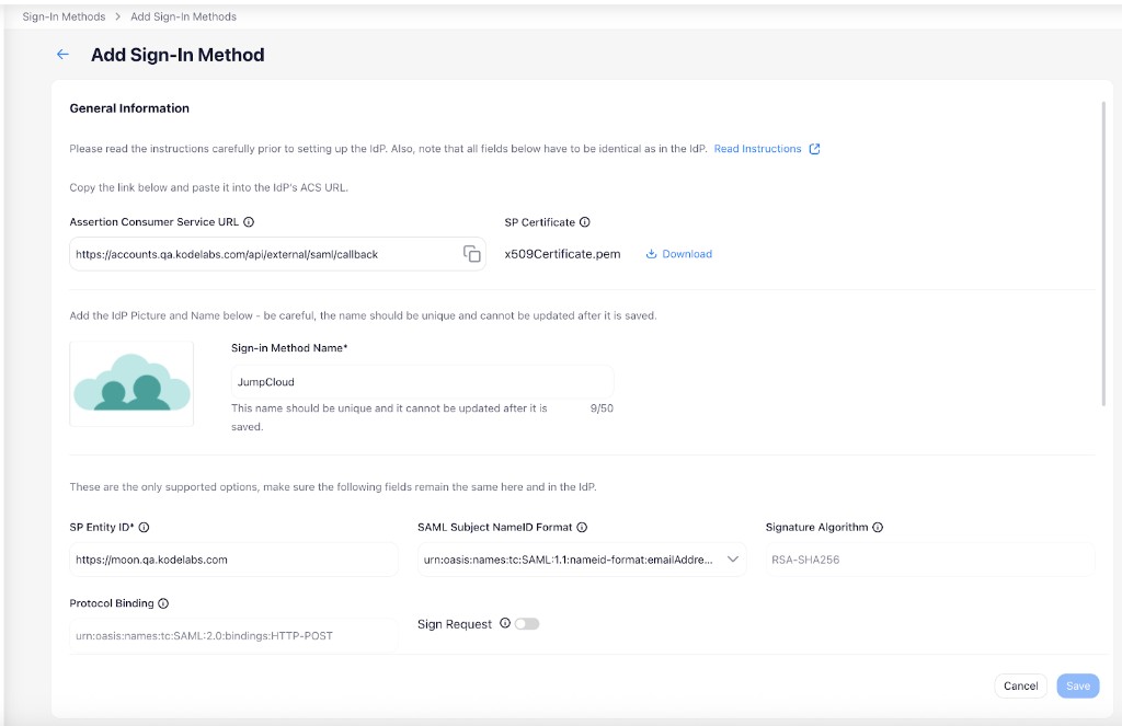 Add Sign-In Method form for SAML showing Assertion Consumer Service URL, SP Certificate download, sign-in method name field, SP Entity ID, SAML Subject NameID Format, Signature Algorithm, Protocol Binding, and Sign Request toggle