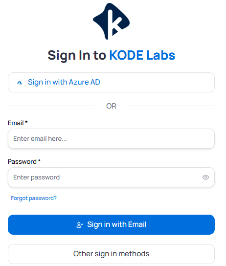 Sign In to KODE Labs page showing Sign in with Azure AD button, email and password fields, and an Other sign in methods option