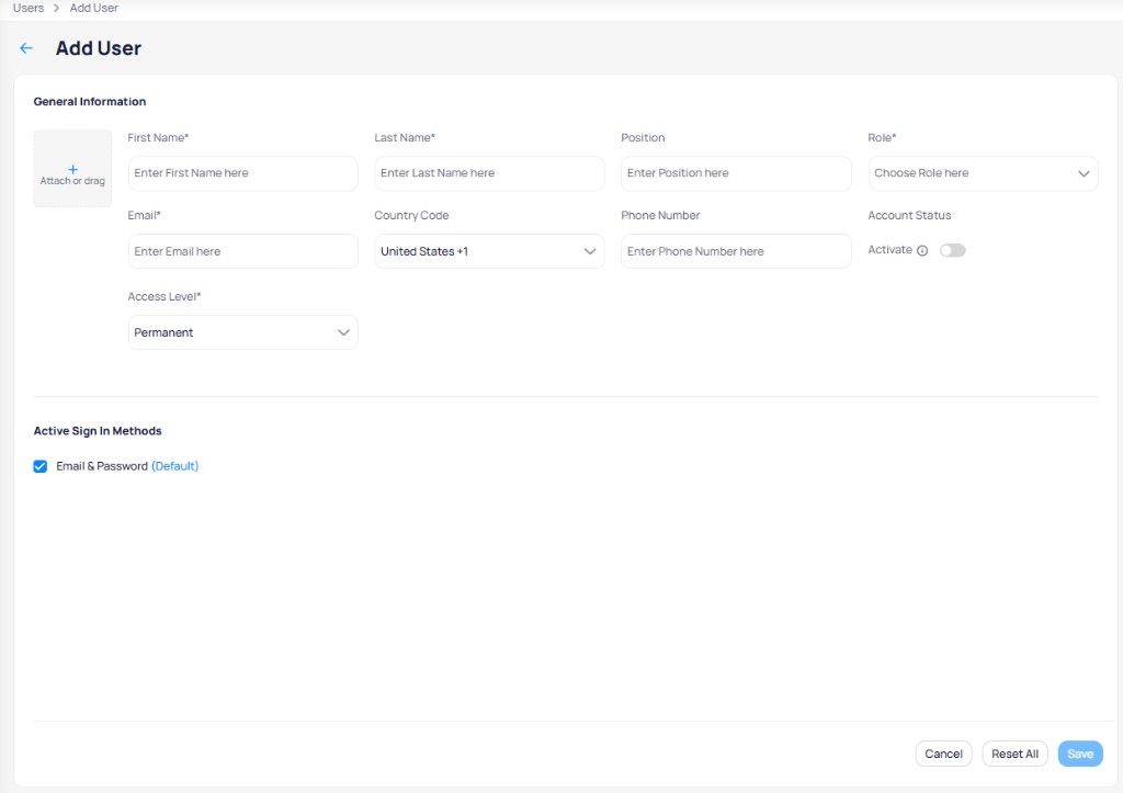 Add User form with fields for first name, last name, position, role, email, country code, phone number, account status toggle, access level, and active sign-in methods