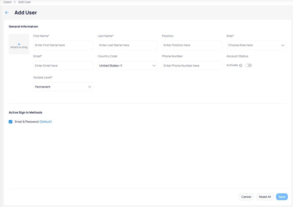 Add User form with fields for first name, last name, position, role, email, country code, phone number, account status toggle, access level, and active sign-in methods